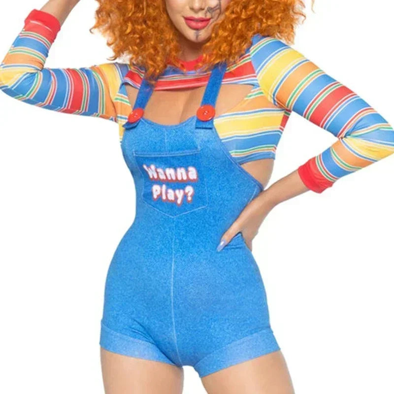 Halloween Costumes for Women Scary Nightmare Killer Doll Wanna Play Movie Character Bodysuit Chucky Doll Costume Set