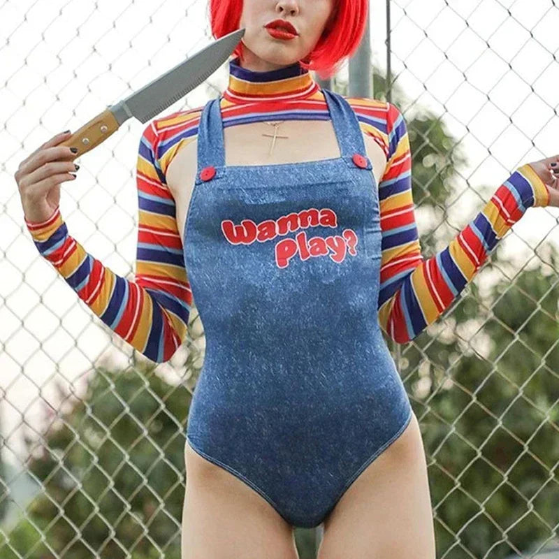 Halloween Costumes for Women Scary Nightmare Killer Doll Wanna Play Movie Character Bodysuit Chucky Doll Costume Set